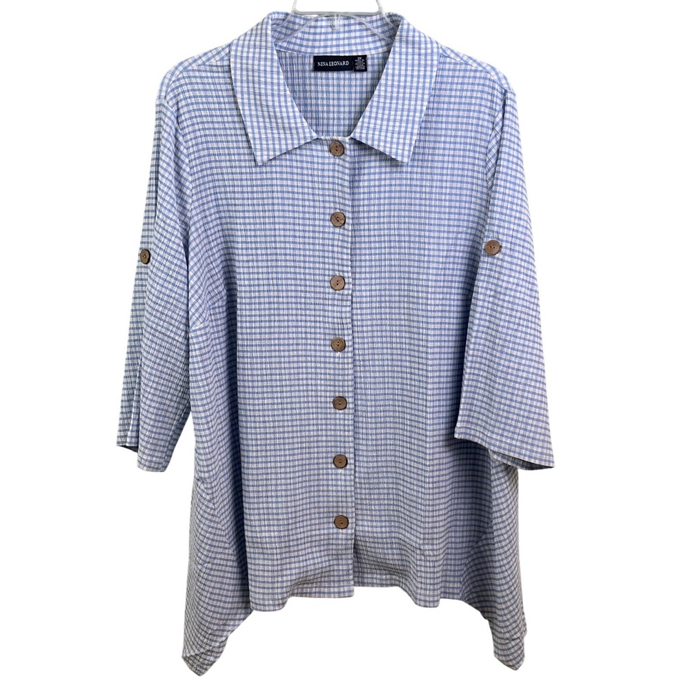 Nina Leonard Gingham Blue Plaid Button Down Lagenlook‎ Country Tunic Size 2X